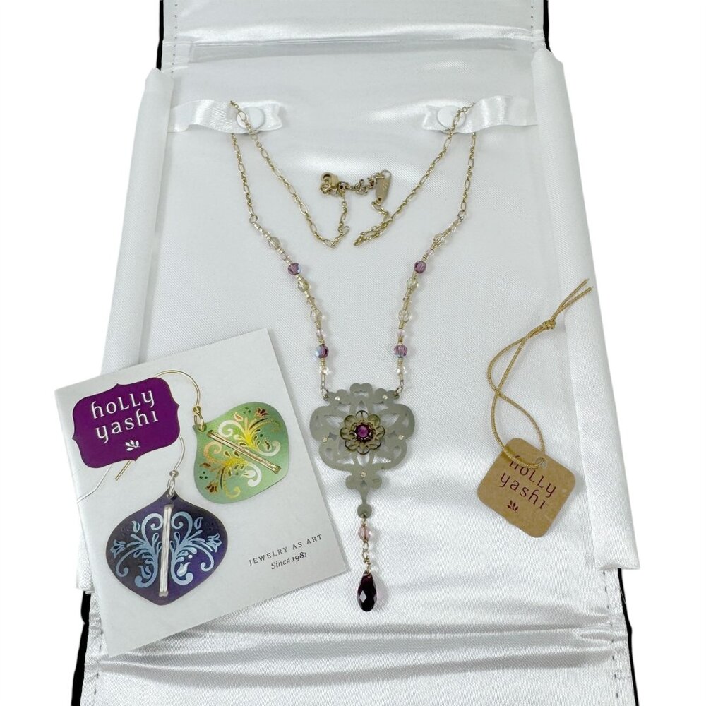 Holly Yashi Pendant Statement Necklace Gold Tone Amethyst Crystals Art Jewelry
